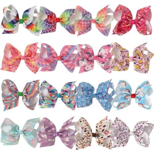 16 Pieces/lot 4.5" Girls Grosgrain Ribbon Mermaid Bow Clips Unicorn Rainbow Hairpin Princess Graffiti Bows Hairgrips