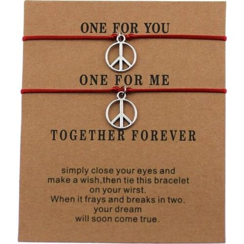 2pcs/set Handmade Antique Silver Color Peace Sign Charm Red Rope Friendship Bracelets for Couple Lover Pease Symbol Jewelry