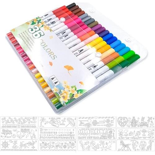 36PCS Colors Dual-Tip Watercolor Markers Water Coloring Brush Pens + 12PCS Drawing Stencils for Kids Children Adults Artists