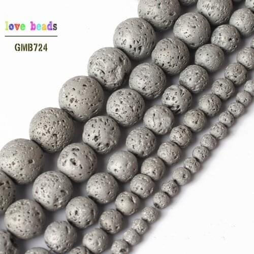 4/6/8/10/12mm Silver Color Gray Volcanic Lava Round Loose Rocket Beads for Jewelry Making DIY Bracelet 15inches