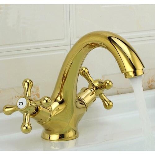 Antique bathroom sink basin faucet hot and cold, Gold plated copper basin faucet mixer, Retro dual holder basin faucet vintage