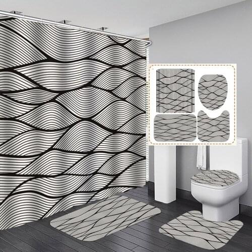 Butterfly Wavy Stripes Print Fabric Shower Curtain Sets Non-Slip Rugs Toilet Lid Cover and Bath Mat Carpet Bathroom Curtains Set