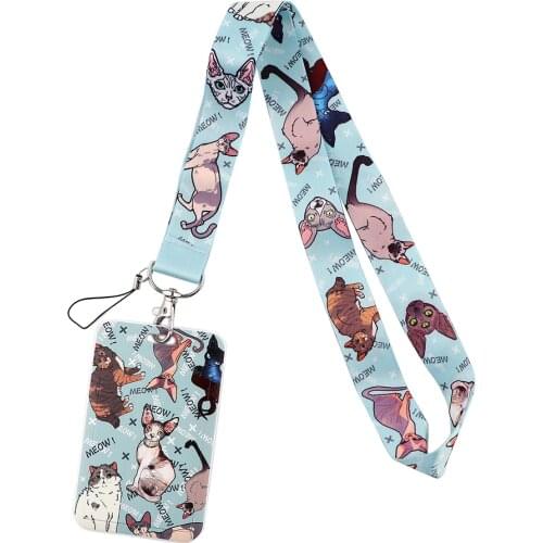1pcs ZF2817 Cute Cat Fashion Lanyards ID Badge Holder Bus Pass Case Cover Slip Bank Credit Card Holder Strap Cardholder