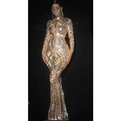 Prom Birthday Silver Sequins Rhinestones Mesh Long Dress Sexy Evening Party Concert Outfit Singer Floor Length Dresses