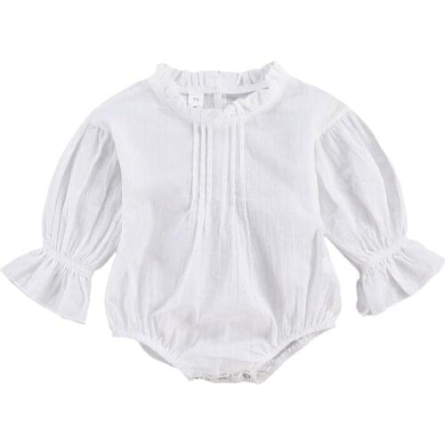 Baby Girl Rompers Lace Up Full Length Flare Sleeve Round Neck Solid Color Covered Button Cotton Fashion Rompers