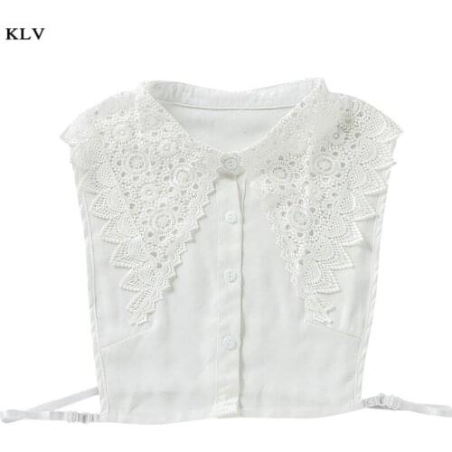 Korean Women Hollow Floral Lace Fake Collar Detachable Buttons Large Pointed Lapel Half Shirt Blouse Dress Decorative Accessory