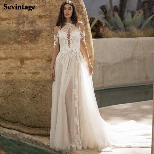 Sevintage Halter Illusion Back Boho Wedding Dresses Appliqued Lace Beach Bridal Gown Split Long Sleeves Princess Bride Dress