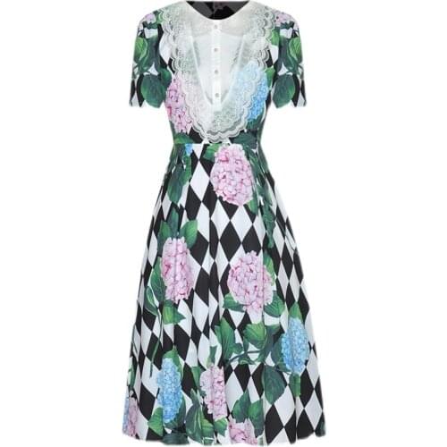 Mesh Patchwork Women Plaid Print Dress Elegant O-Neck Short Sleeve A-Line Dresses D4533