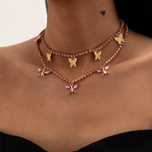 Fashion Gold Color Crystal Butterfly Pendant Necklace for Women Female Shiny Rhinestone Clavicle Chain Necklace Jewelry Gifts
