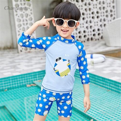 2020 New Models 1-9 Y Boys Two Piece Swimwear Blue Bear Print Kids Short Sleeve Rash Guard Baby Sandy Beacxhwear with Sunnu Hat
