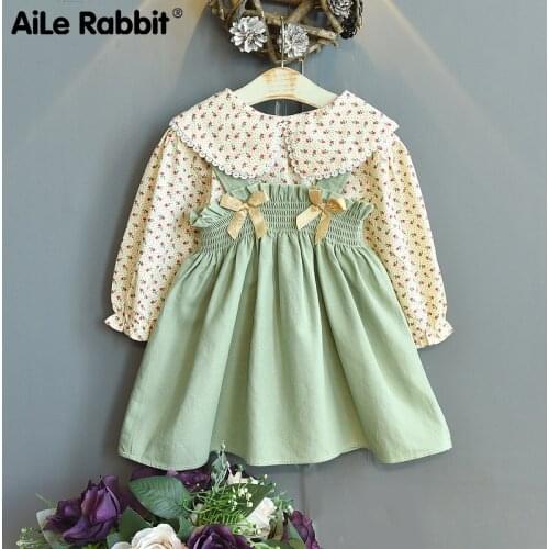 Girls' 2021 Autumn Floral Straddle Skirt Childrens Korean Version Foreign Style Long Sleeve Straddle Skirt Two-piece Set