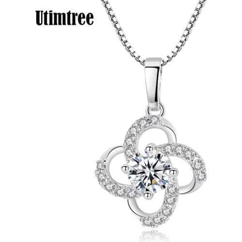Utimtree Fashion Flower Pendant Necklace 925 Sterling Silver White Round Austrian Crystal Zircon Necklace Jewelry For Women Gift