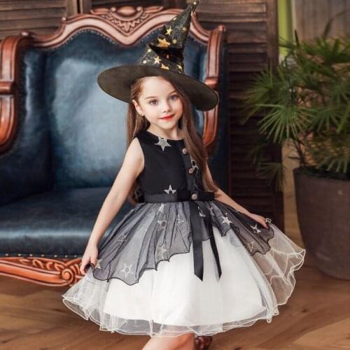 Girls Dress Elegant Dream Princess Dress Sleeveless Star Sequined Ballerina Witch Dress Plus Hat Childrens Halloween Cosplay