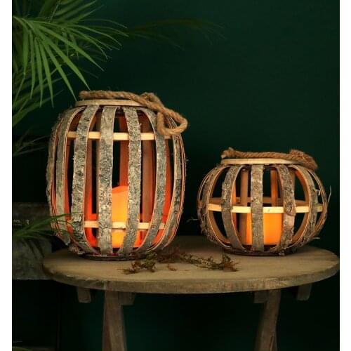 Farmhouse Accents Wooden Bark Candle Lantern With Hemp Handle Handmade Natural Style Home Garden Indoor Outdoor Candle Holders