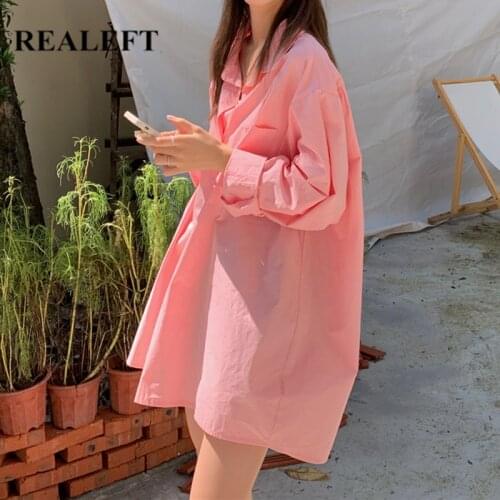 REALEFT 2021 New One Pocket Turn-down Collar Oversize Womens Long Blouse Casual Loose Female Blouse Tops Pink Workwear Shirts
