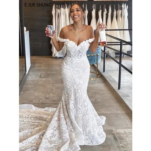 E JUE SHUNG Ivory Luxury Lace Mermaid Wedding Dresses Off the Shoulder Bridal Wedding Gowns