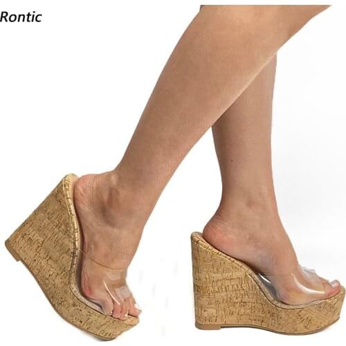 Rontic Handmade Women Platform Slingback Sandals Cork Wedges Heels Open Toe Cool Transparent Party Shoes Size 34 45 47 52