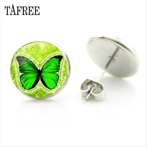 TAFREE Beautiful Green Butterfly Stud Earrings Animal Glass Cabochon Dome Earrings for Women Girls Party Gifts Jewelry JS05