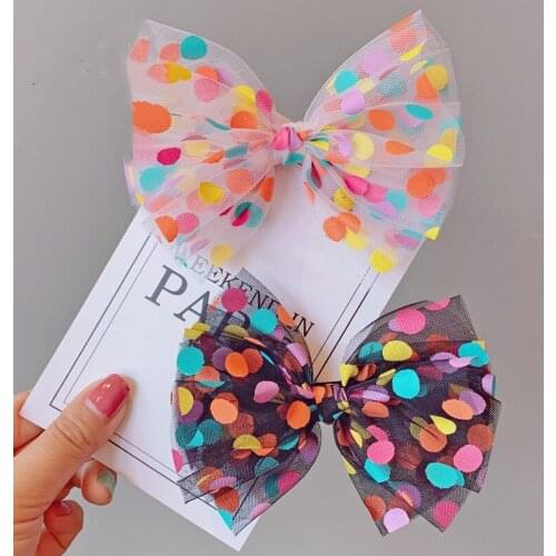 1PC Fashion Color Dot Hairgrip Hair Accessories Mesh Gauze Child Haipins Multi-layered Yarn Big Bow Top Clip Elastic Hair Rope