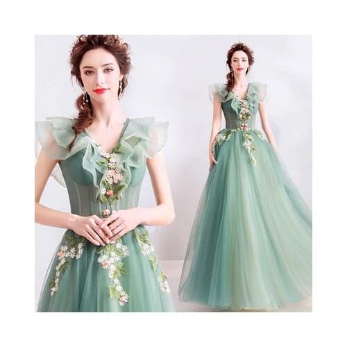 Bean green ruffled collar fairy gown medieval dress princess Renaissance Gown queen Victorian /Marie/ Belle Ball/ball gown
