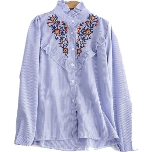European fashion vintage floral embroidery blue striped shirts elegant ruffled neck long sleeved women casual tops blusas