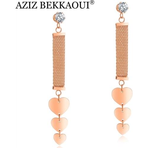 AZIZ BEKKAOUI Sweet Rose Gold Heart Drop Earrings for Women Stainless Steel Earrings Long Party Earrings Jewelry Gift
