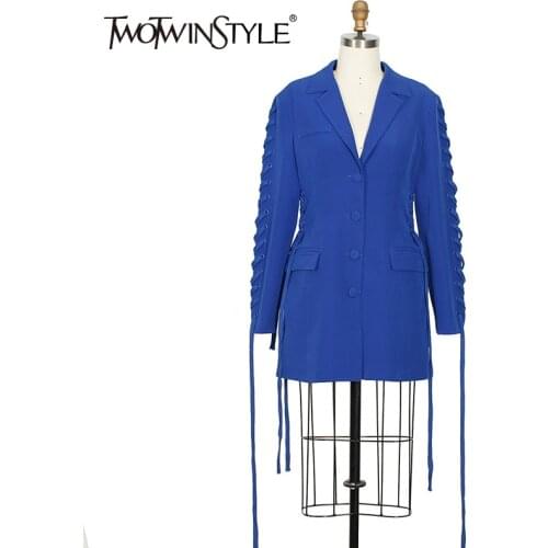 TWOTWINSTYLE Casual Blazer Coats For Female V Neck Long Sleeve High Waist Slimming Patchwork Rope Womens Caot New Fashion New