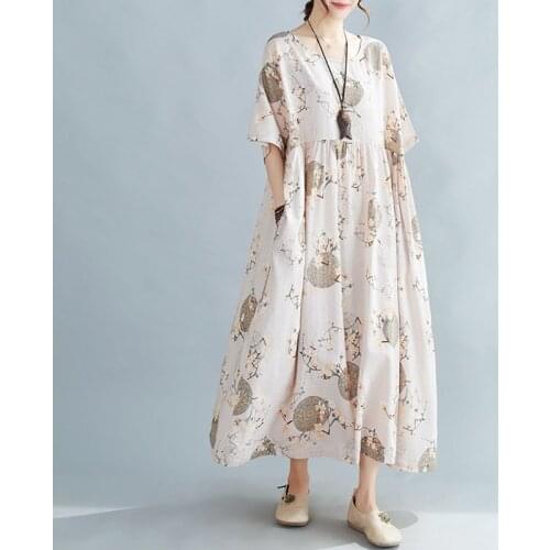 Oversized Women Loose Casual Dress New Arrival 2021 Summer Simple Style Vintage Print Female Cotton Linen Long Dresses B917