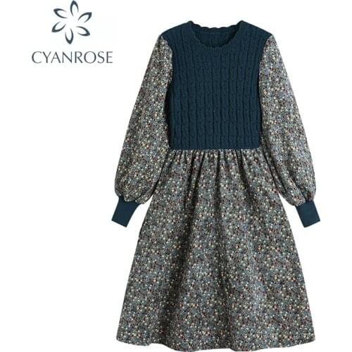 2021 Korean Autumn Vintage Sweater Dress Women Crewneck Long Sleeve Patchwork Pullover Bandage Knitting Floral Print Vestidos