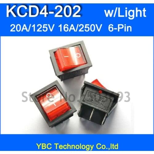 10pcs/lot 6 Pin 16A 250V 20A 125V Red Button with Light Rocker Switch KCD4-202 On - Off Rocker Power Switches