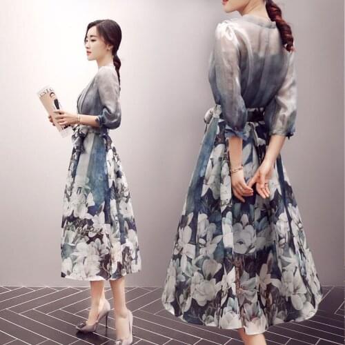 100%real vintage magnolia flower printing middle length Water and ink painting style dress