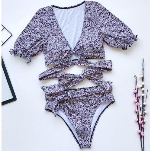 Leopard Print Bikini Women Short Sleeve Lace Up Bandage Two Piece Swimsuit Bathing Suit High Waist Swimwear Stroj Kapielowy