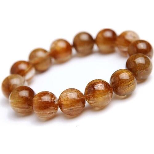 Brazil Natural Copper Hair Needle Rutilated Quartz Crystal Stretch Charm Clear Round Beads Powerful Women Mens Bracelet 17mm