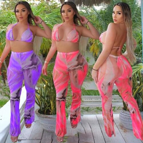Bra Strap Tops With Long Pants Mesh Women Two Piece Summer Beach Outfits