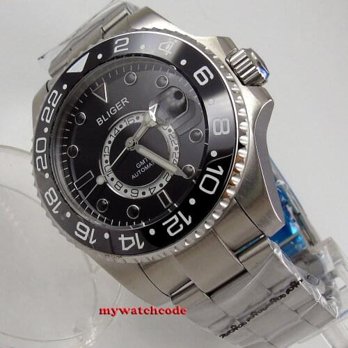 43mm bliger black dial black marks date window GMT sapphire glass automatic mens watch