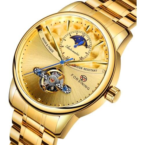 Forsining Mechanical Watch Men Watch Automatic Tourbillon Moon Phase Business Watches Stainless Steel Clock relogio masculino