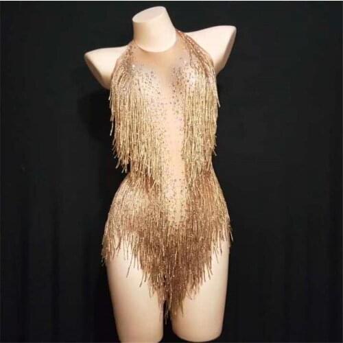 D11 Gold tassel bodysuit sexy singer performance wears dj dresses party hips skirt dance costumes bar wear clothe sexy bikini dj