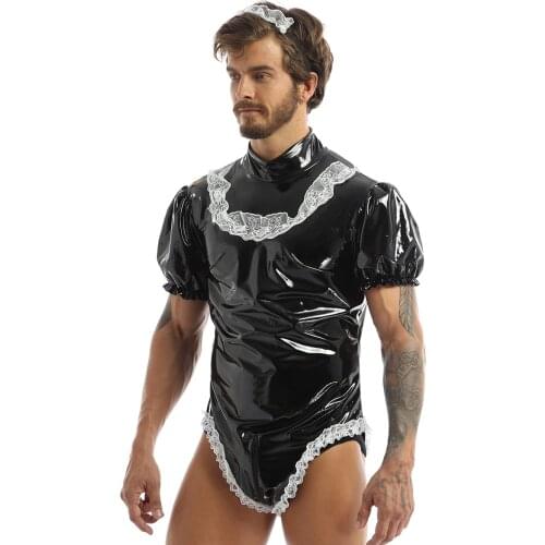 Gay Mens Maid Sissy Cosplay Costumes Crossdress Lingerie Wetlook Leather Bodysuit Mens Nightwear Puff Sleeve Leotard Bodysuit