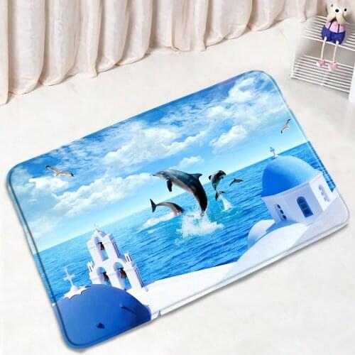 Dream Ocean Scenery Bathroom Mat Dolphin Greece Beach Architecture Non-Slip Door Mats Home Decor Bath Kitchen Bedroom Rug Carpe