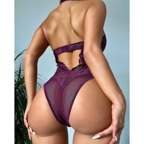 2021 Summer Holiday Backless Halter Fishnet Cutout Crochet Lace Zip Front Teddy Sexy Beachwear Purple Womens Bodysuit Swimwear