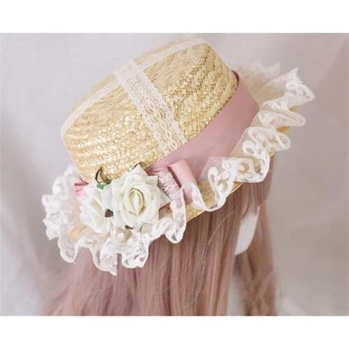 Lolita Pastorale Style Sweet Lace Bow Straw hat Flat Cap Mori Girl Princess Handmade beach Hat B1335