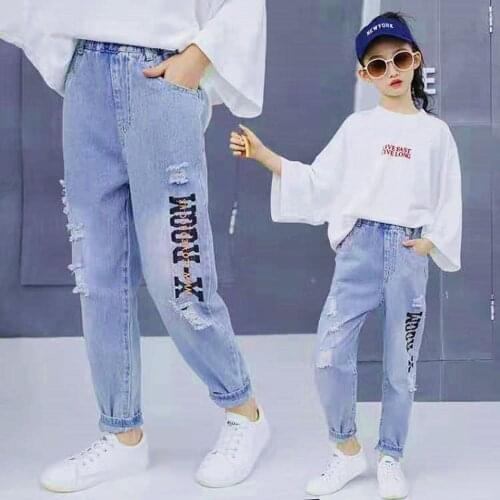 2020 New Girls Jeans Kids Spring Autumn Hole Jeans Fashion Elastic Waist Pants Toddler Baby Trousers High Quality Pencil Pants