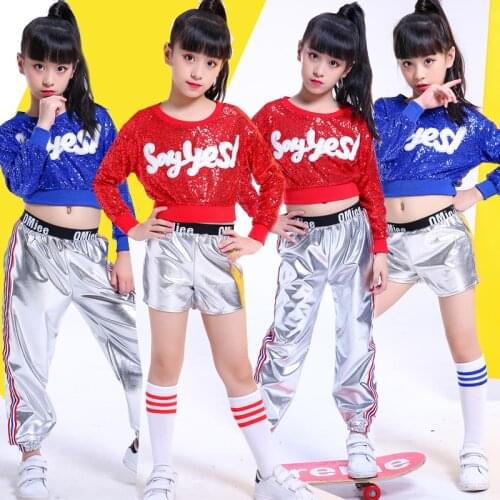 2021 New Children Sequins Jazz Dance Costumes Girls Long Sleeve Crop Tops Pants Suit Hip Hop Cheerleader Rave Clothes Outfits
