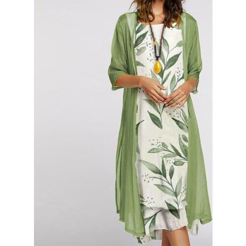 2021 Autumn Ladies Dress Casual Slim Printed Sleeveless Round Neck Dress Plus Solid Color Chiffon Cardigan Two-piece Suit Платье