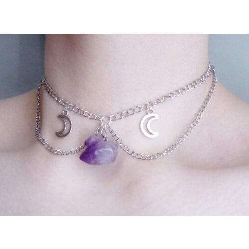 Amethyst moon choker/ raw crystal necklace/moon necklace