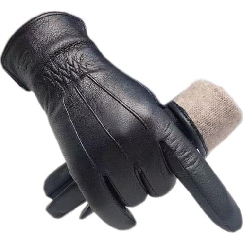 Gloves winter mens fashion deerskin gloves black new warm leather driving riding outdoor wool lining wrist leather gloves 2021