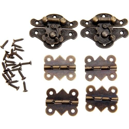 6pcs/set Hinges Iron Antique Bronze + Latch Hasp Toggle Locks Metal Vintage Decorative Wood Jewelry wine Box furniture fittings