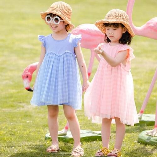 Baby Girl Dress Fashion Plaid Flying Sleeve Princess Dress Mesh Stitching Kids Dresses for Girls 1 2 3 4 5 6 Years Child Dress