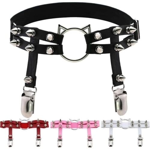 Newest Womens Sexy Punk Elastic Harness Cat Leg Chain Garter Belts Cosplay Spike Elastic Thigh Ring Garter Body Jewelry Harajuku