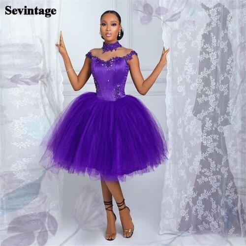 Sevintage A Line Purple Short Prom Dresses Lace Crystal Beaded Women Party Gowns Cap Sleeves Open Back Homecoming Dress 2021